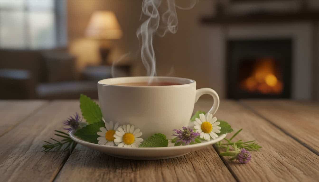 Steaming cup of herbal tea on a saucer with fresh chamomile flowers, lemon balm leaves, and passionflower sprigs arranged around it on a wooden table in a cozy living room at evening, gentle steam rising in a calming atmosphere.
