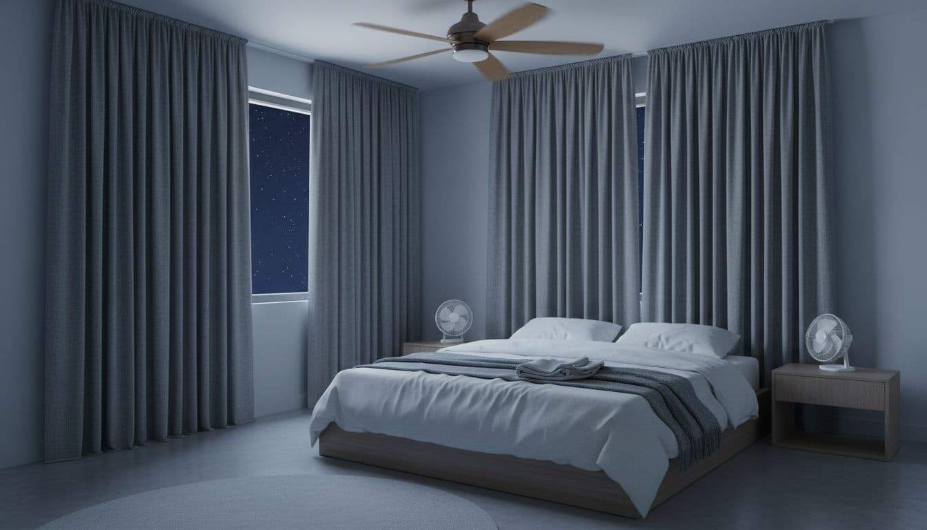 Serene empty bedroom in blue-gray tones optimized for cool sleep: large bed with breathable white sheets and folded blankets, spinning ceiling fan, blackout curtains, nightstand fan, and starry night visible through window gap.