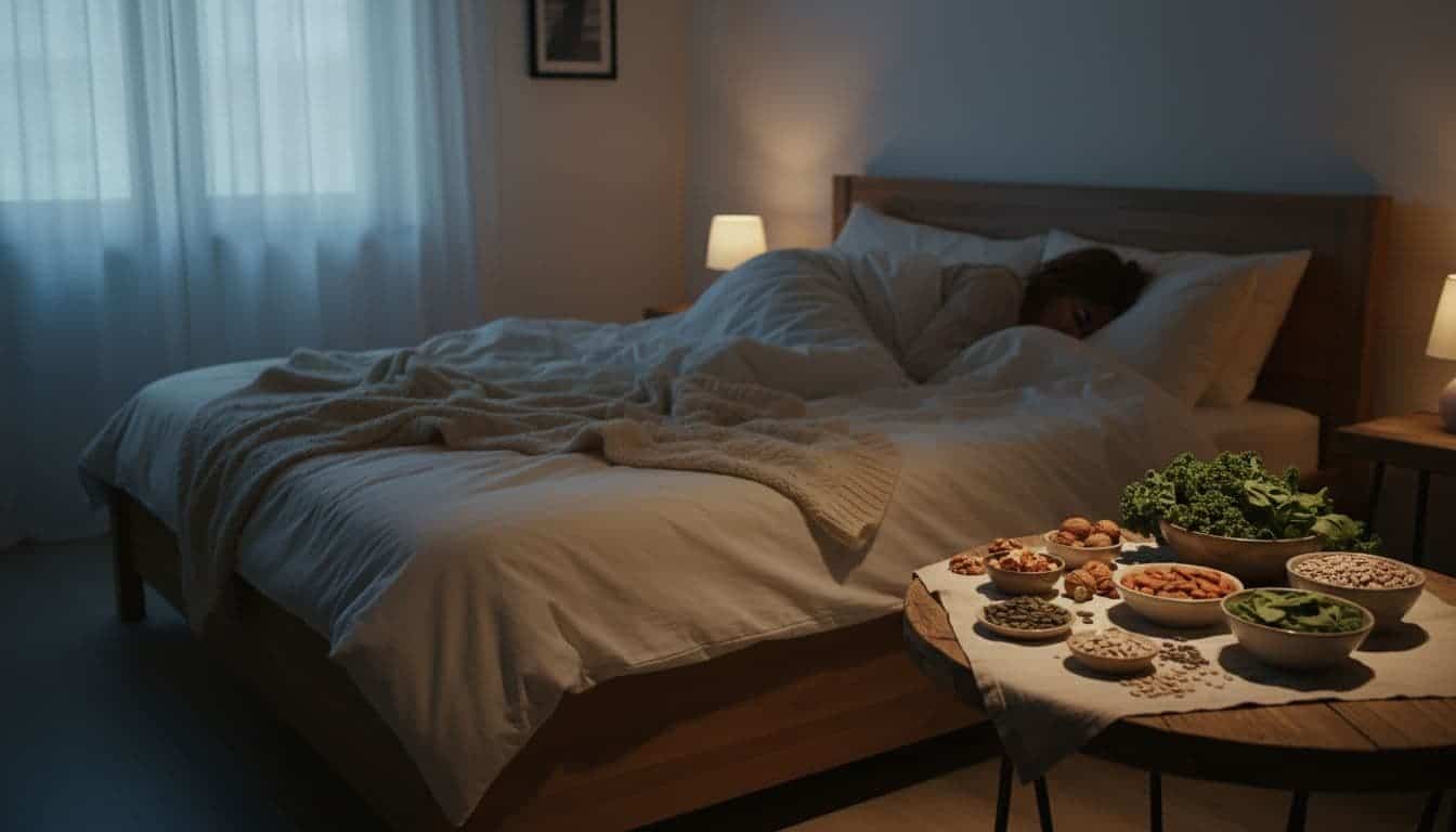 Person lies relaxed in bed at night, moonlight illuminating nuts, seeds, and greens on bedside table.