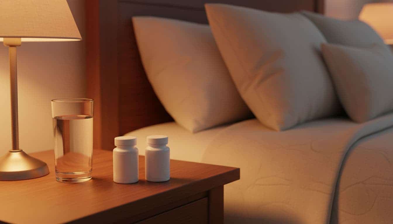 Cozy bedroom nightstand at dusk with a clear glass of water next to two small white supplement bottles, soft bedside lamp casting warm glow, inviting pillows on bed in background, peaceful relaxation atmosphere.