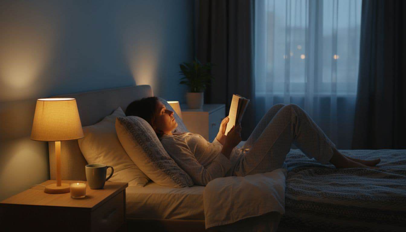 A relaxed adult in pajamas propped up on pillows reads a paperback book in a cozy bedroom under the soft glow of a bedside lamp at evening.