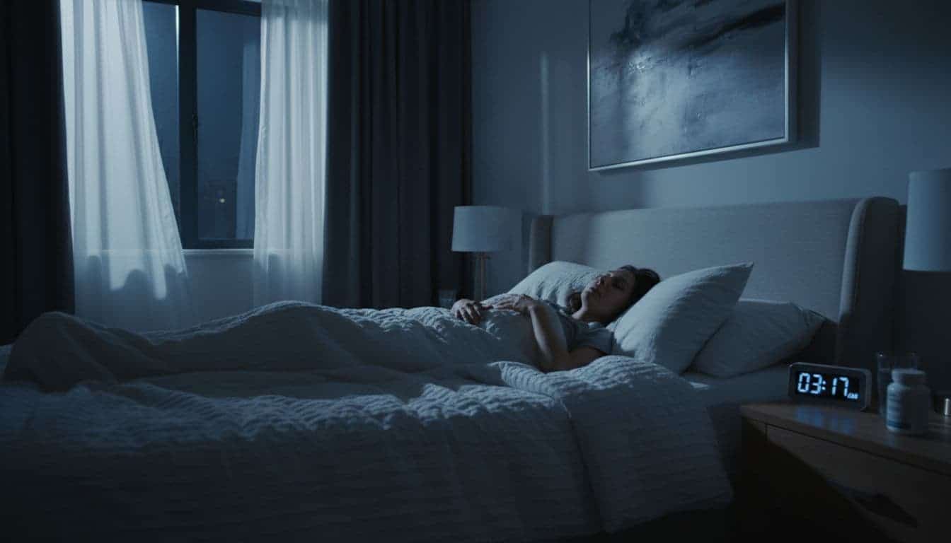 Person lies awake in bed staring at ceiling, late clock and supplement bottle on nightstand, moonlight through window.