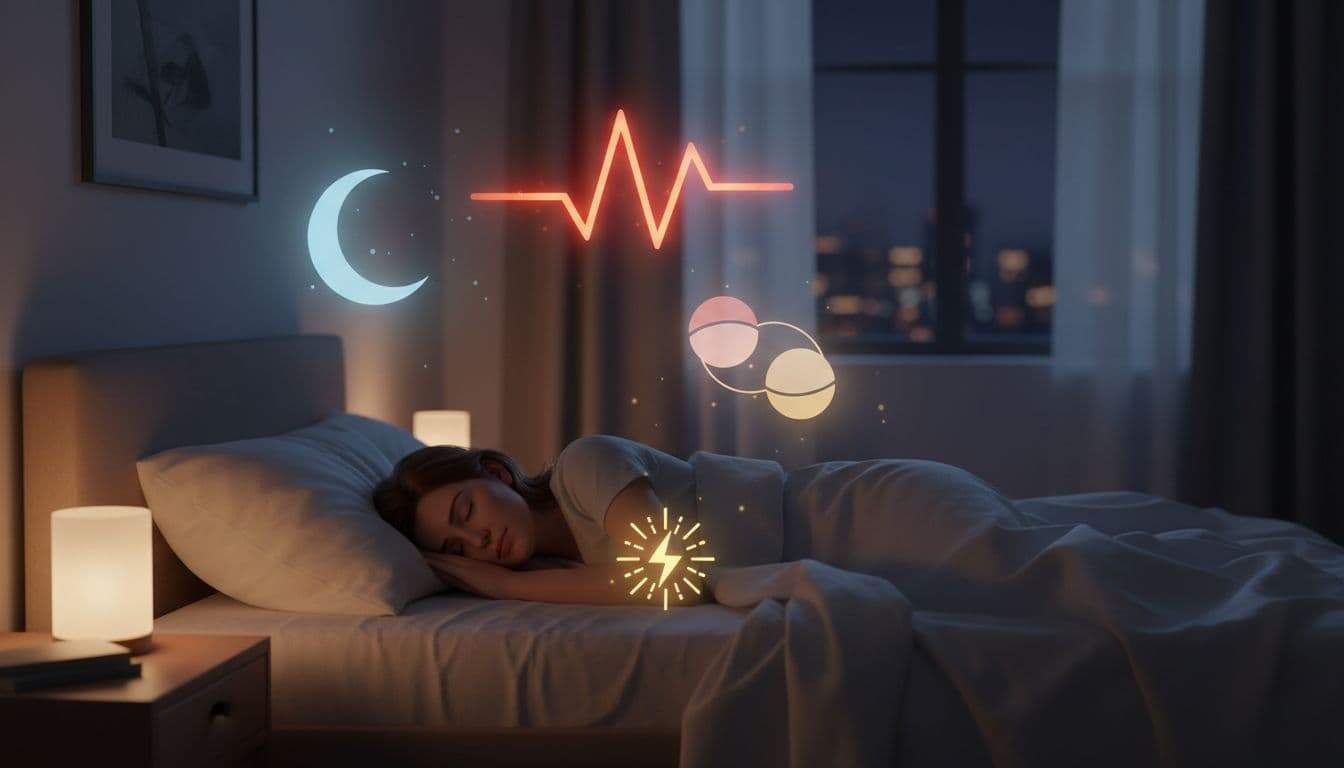 Illustration of key hormones affecting sleep cycles: a calm person sleeping in bed at night with glowing icons for melatonin (moon), cortisol (stress wave), estrogen and progesterone (balanced orbs), and thyroid (energy spark) in a softly lit bedroom.