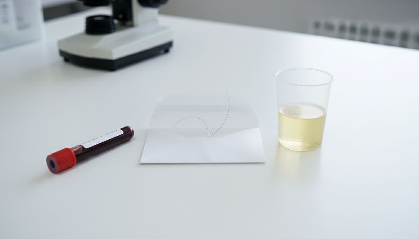 Top-down view of clean lab desk with hair strand in envelope, blood vial, and urine cup; blurred microscope in background.