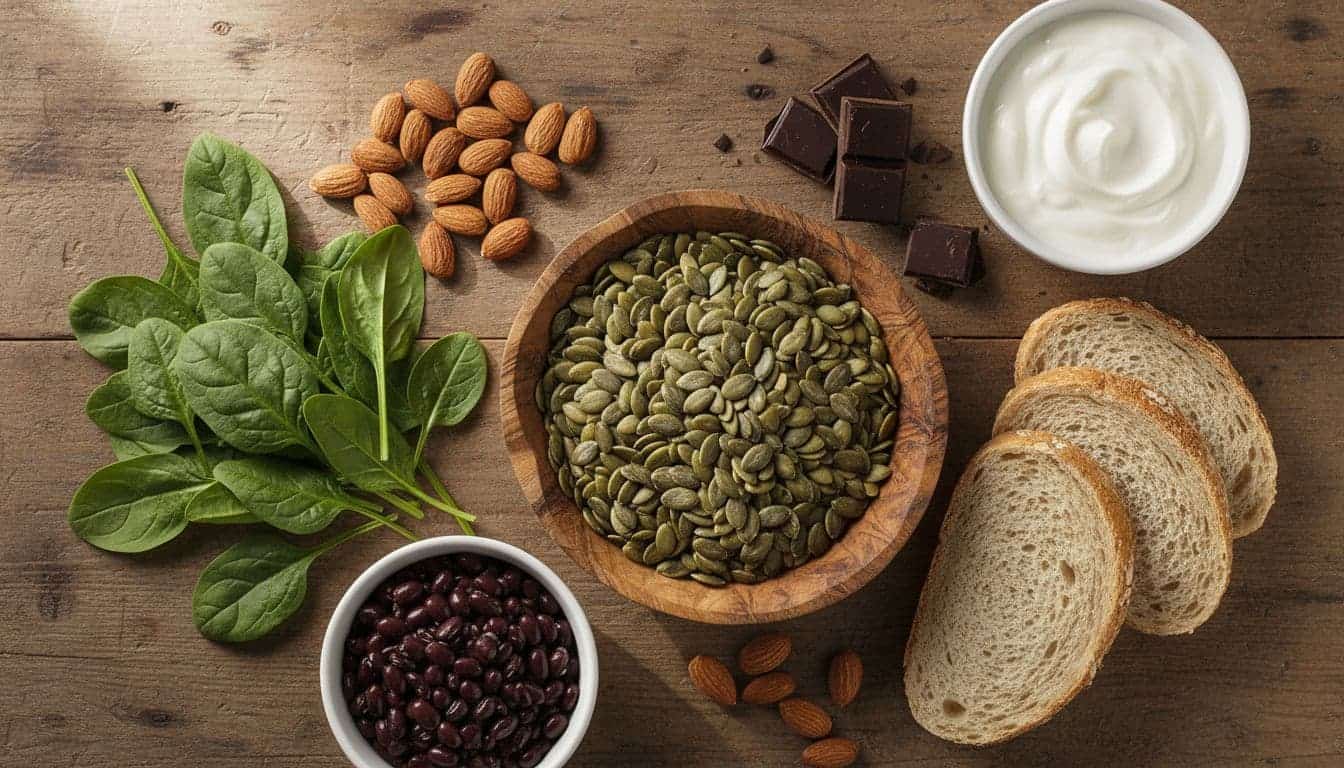 Top-down view shows pumpkin seeds, almonds, spinach, beans, bread, yogurt, and dark chocolate on a wooden table.