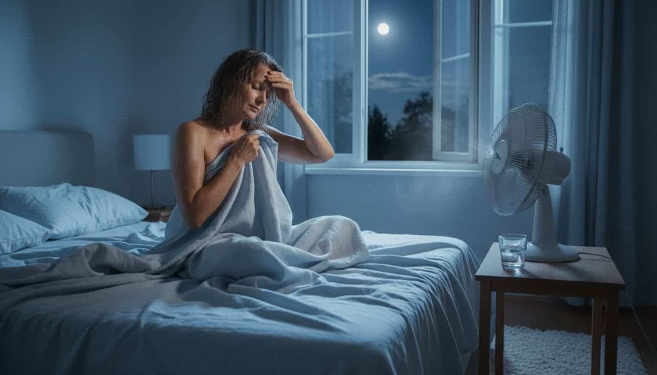 A middle-aged woman sits up in bed at night, wiping sweat from her forehead with a light sheet while a fan blows air from the nightstand and moonlight enters through an open window in a cool blue-toned bedroom.