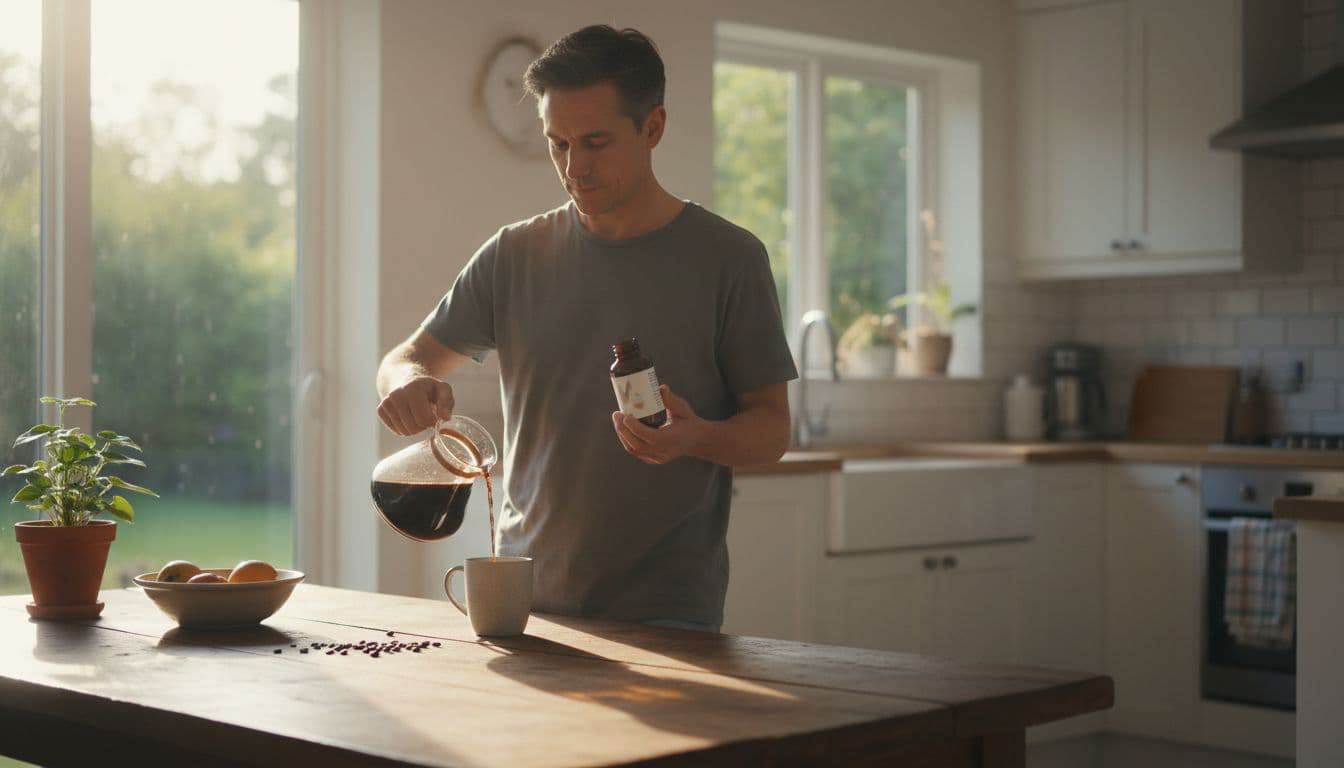 Person pours coffee in sunny kitchen while loosely holding plain B12 bottle and glancing at label on wooden table.
