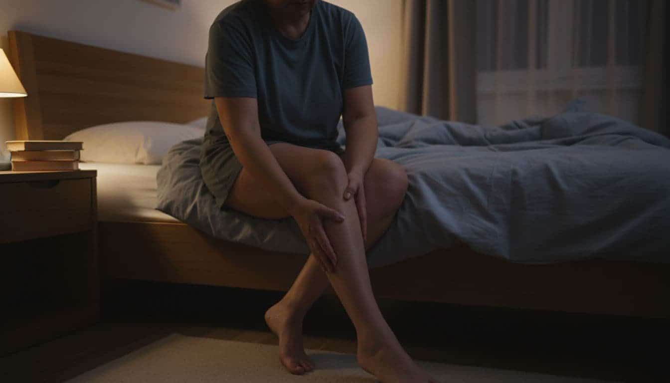 Adult sits on bed edge at night in dim bedroom, hand massaging calf with mild discomfort.