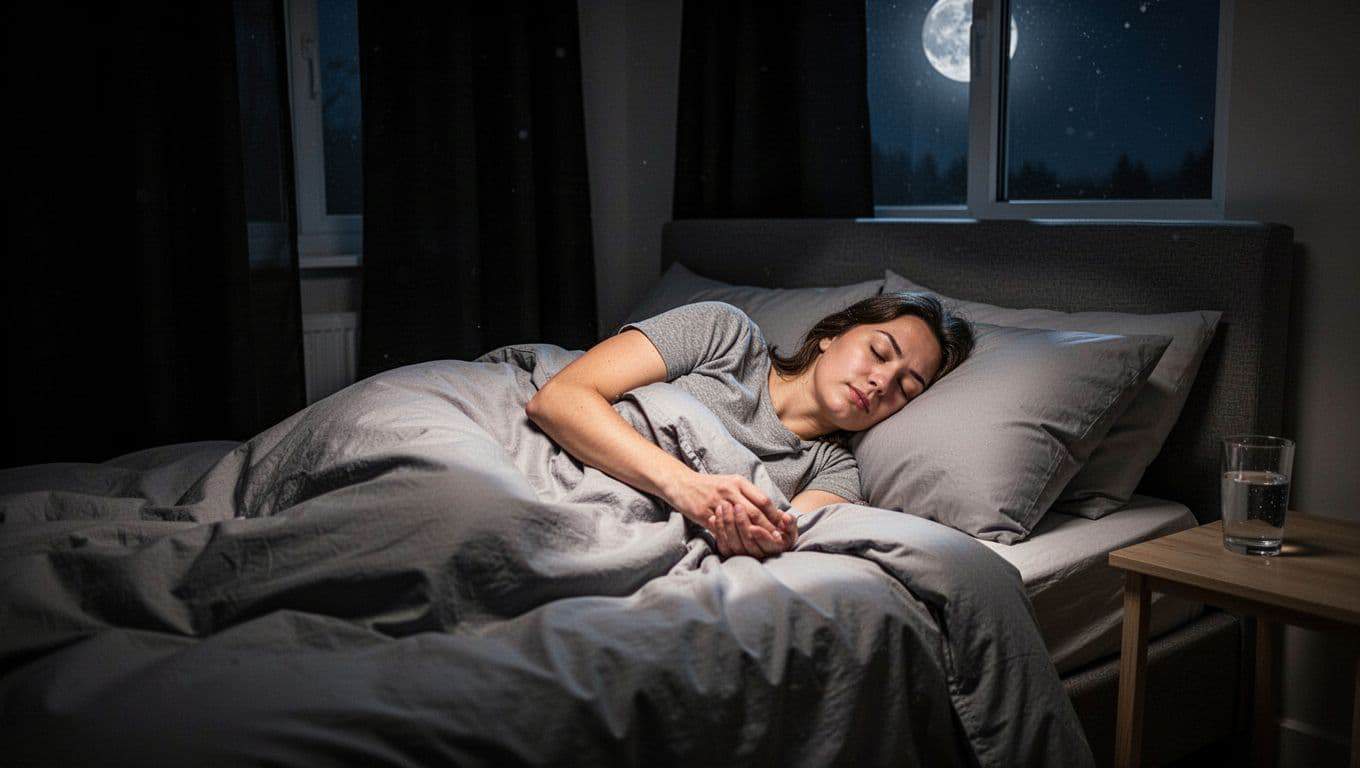 Person asleep in bed in dim bedroom with blackout curtains and faint moonlight.