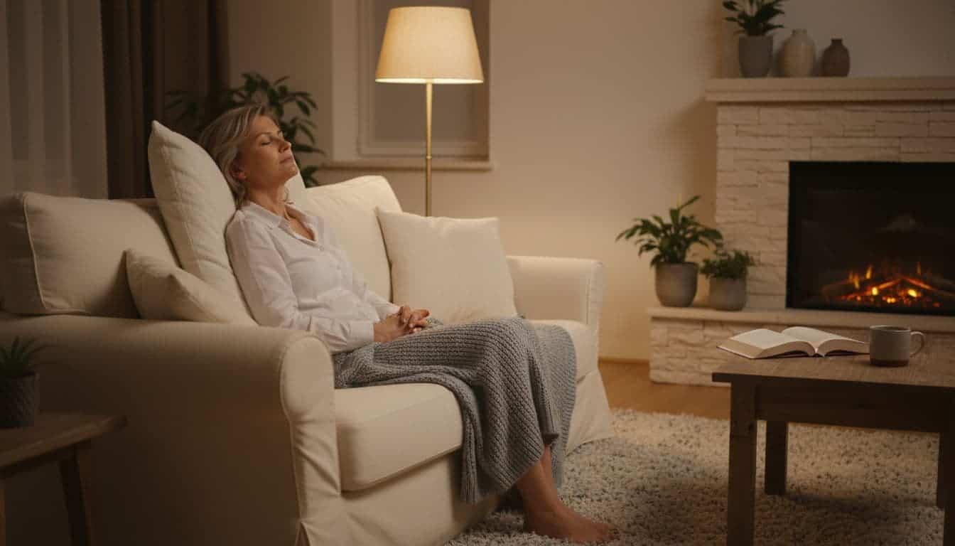 Middle-aged person sits relaxed on couch in cozy evening living room, eyes closed, hands in lap, book on side table under warm lamp light.