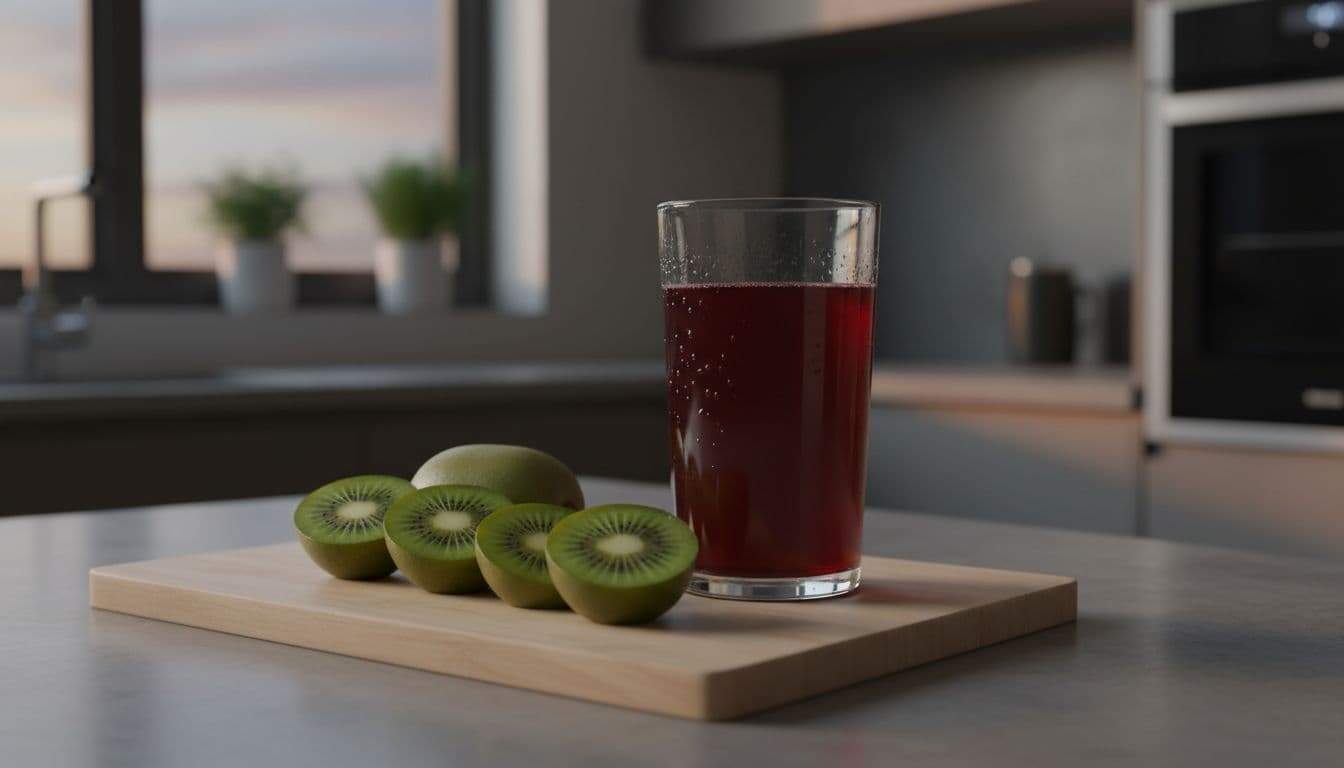 Sliced fresh green kiwis and a glass of deep red tart cherry juice on a light wooden cutting board in a modern kitchen at dusk, with condensation droplets on the glass for a fresh, appetizing look.