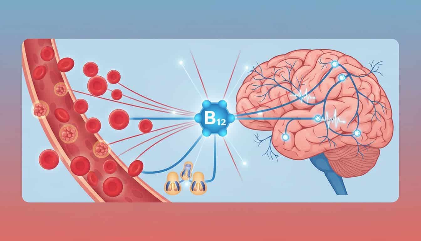 Illustration shows vitamin B12 aiding red blood cell production, nerve signaling, and energy metabolism in bloodstream and brain via glowing pathways.