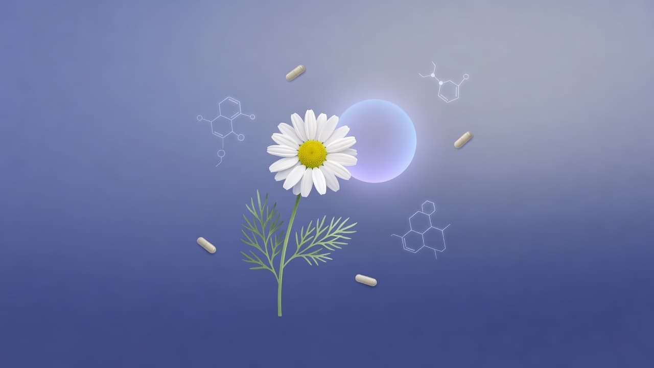A delicate white chamomile blossom rests beside a soft, glowing circular icon against a muted navy background. This composition uses subtle nighttime hues to symbolize restorative herbal sleep support.