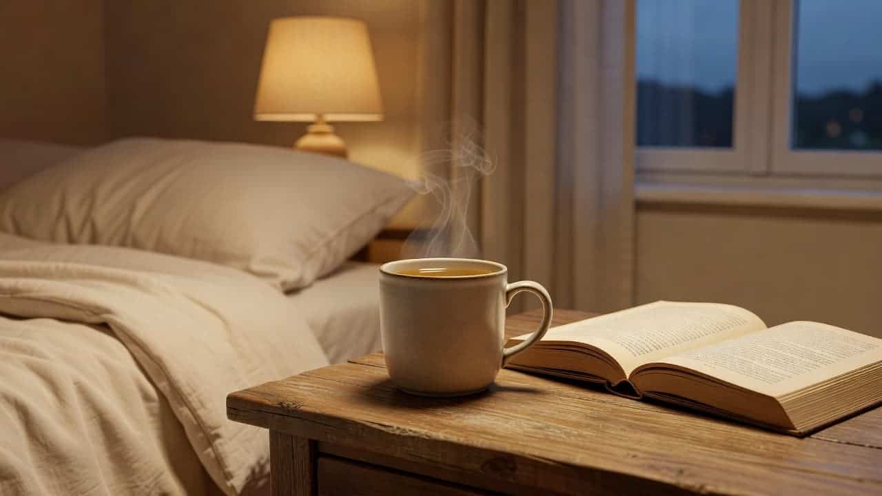 A steaming ceramic mug of chamomile tea rests on a textured wooden nightstand next to an open hardcover book. Soft evening light creates a cozy, tranquil atmosphere in the bedroom setting.