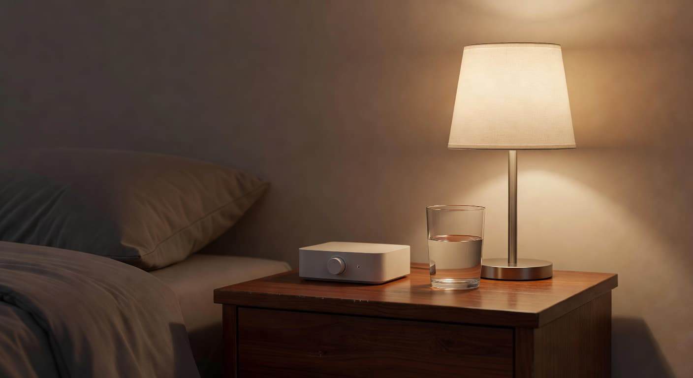 A dark wooden nightstand holds a small white sound machine beside a clear glass of water and a warm glowing lamp. Soft shadows fill the peaceful, dimly lit bedroom at night.