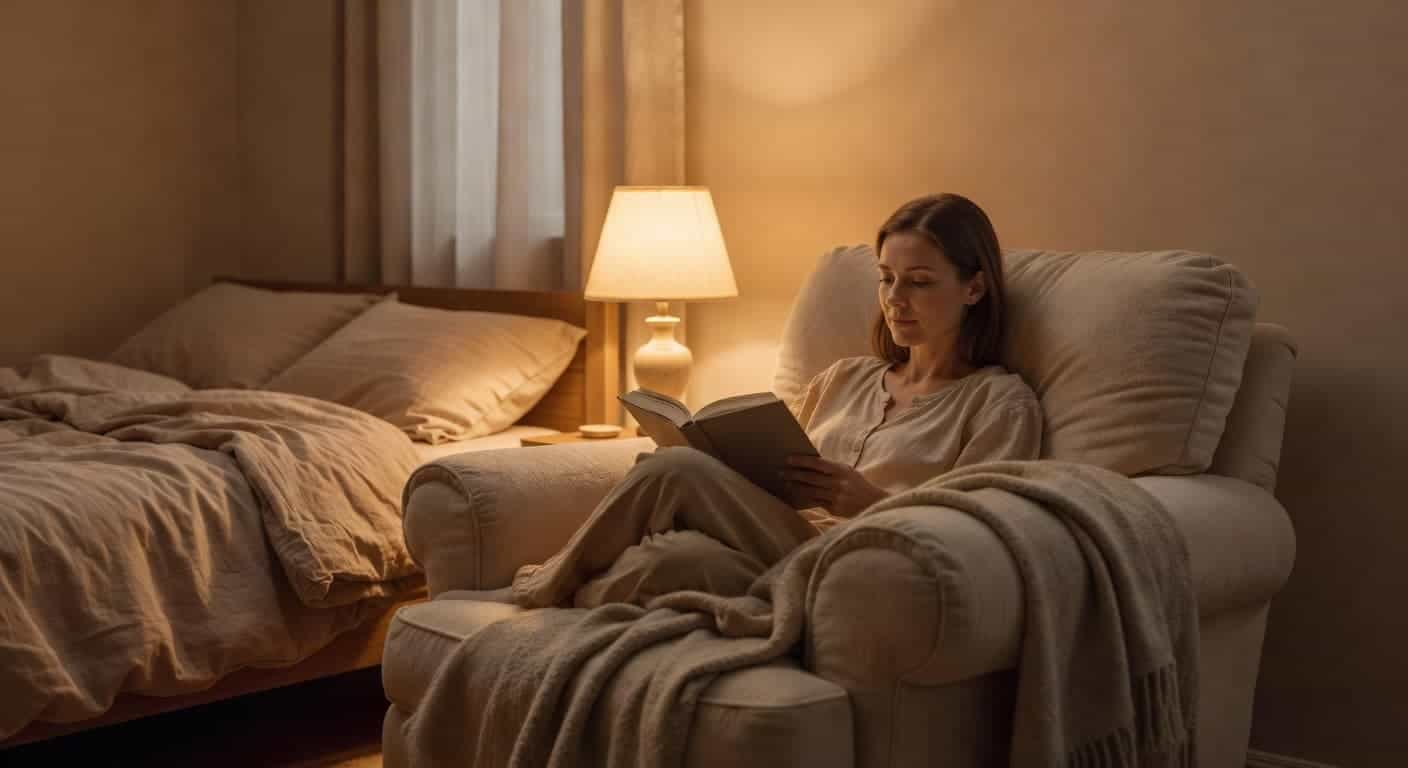 A relaxed individual sits in a comfortable upholstered chair, illuminated by the gentle glow of a bedside lamp. They hold an open book while surrounded by the quiet shadows of a bedroom.