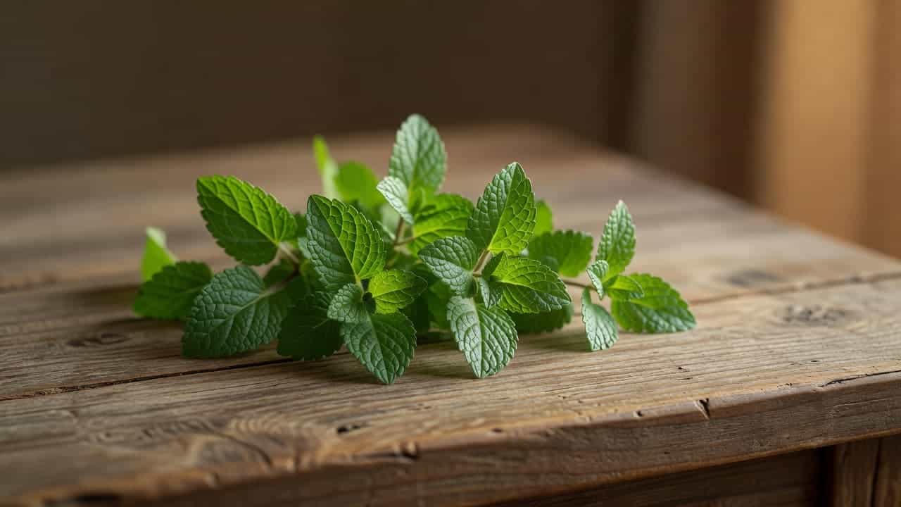 Small, vibrant green lemon balm leaves are scattered across a textured, weathered wooden bedside table. The warm evening light casts soft shadows, highlighting the intricate leaf veins and deep wood grain.