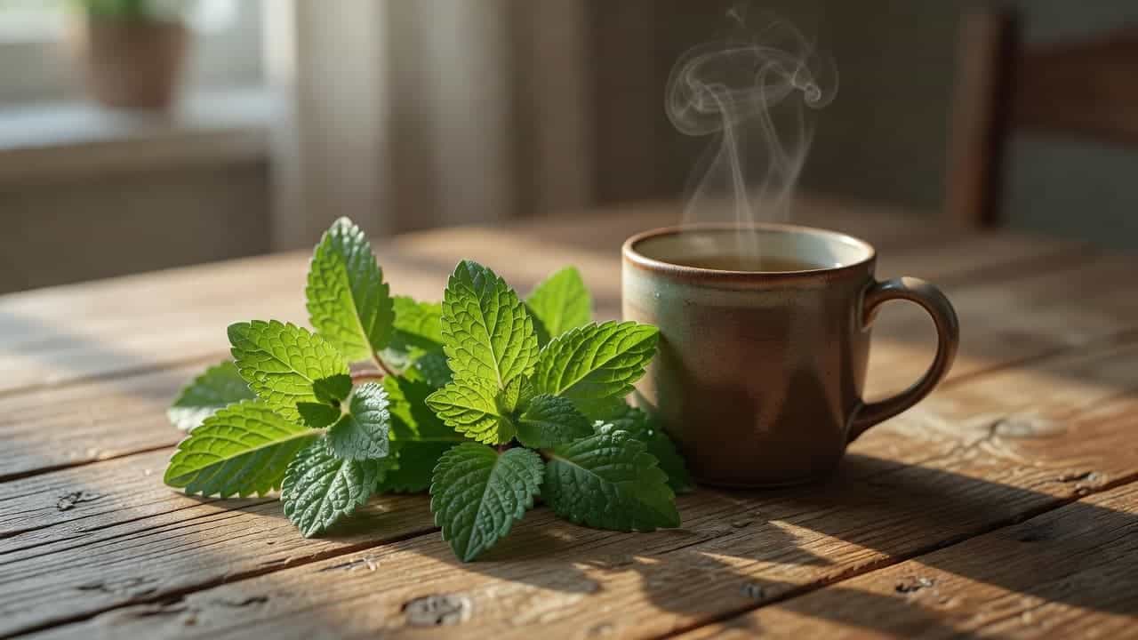 Green lemon balm leaves are scattered across a dark, weathered wooden tabletop beside a ceramic mug filled with steaming herbal tea. Warm, golden sunlight illuminates the steam rising from the liquid.
