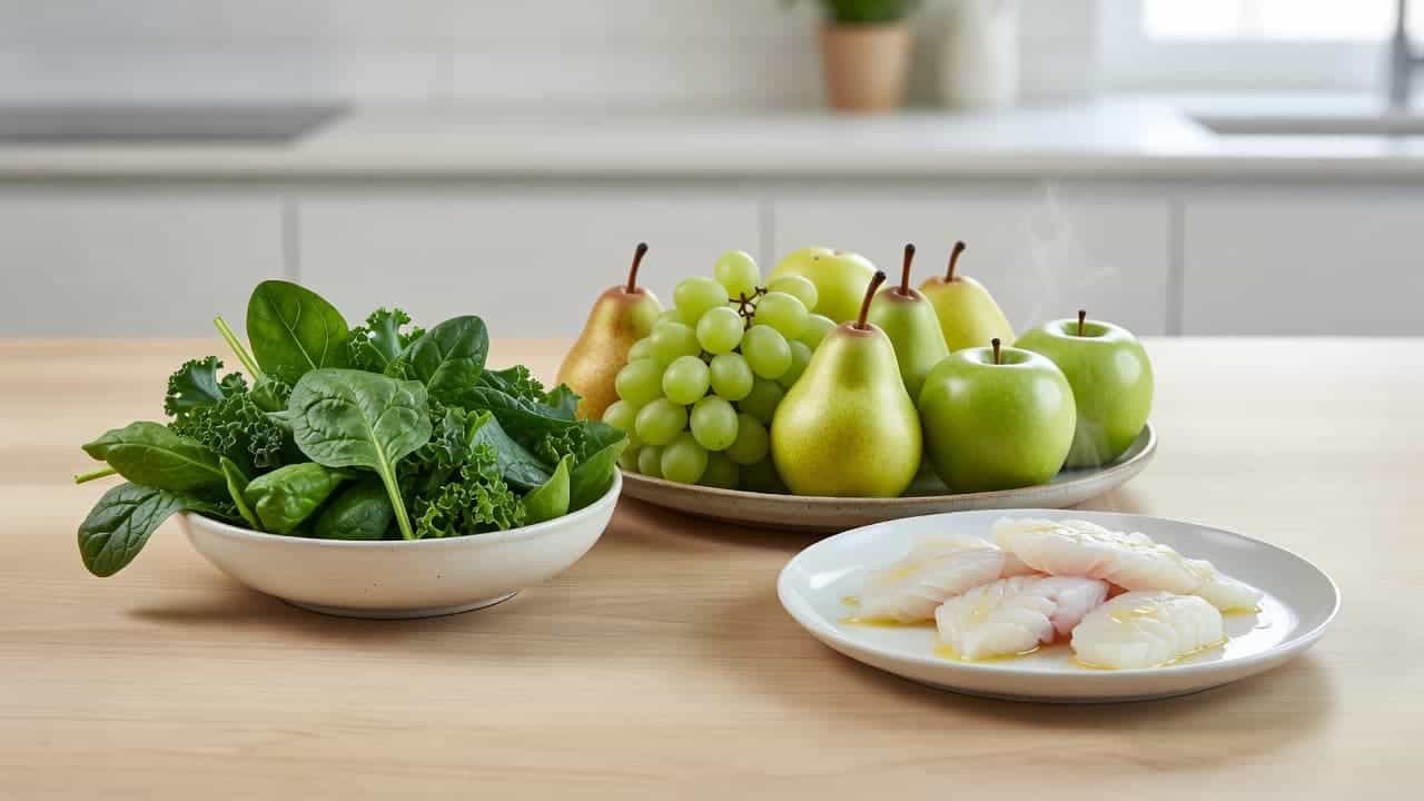 A wooden kitchen table displays a balanced meal of steamed white fish, vibrant leafy greens, and crisp seasonal fruits. Soft light illuminates the clean, professional arrangement of these nutritious ingredients.