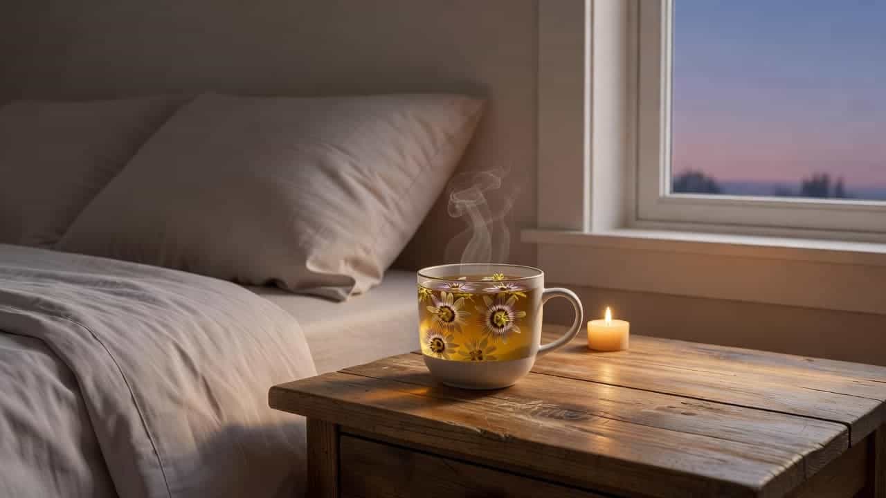 A steaming ceramic mug of herbal tea rests on a polished wooden nightstand beside a neatly made bed. Soft evening light fills the serene bedroom, creating a peaceful environment for nightly rest.