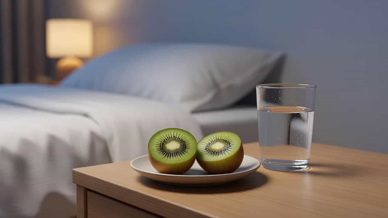 A fresh sliced kiwi sits on a ceramic plate beside a clear glass of water atop a dark wooden nightstand. Soft moonlight creates a calm, tranquil atmosphere in the bedroom setting.