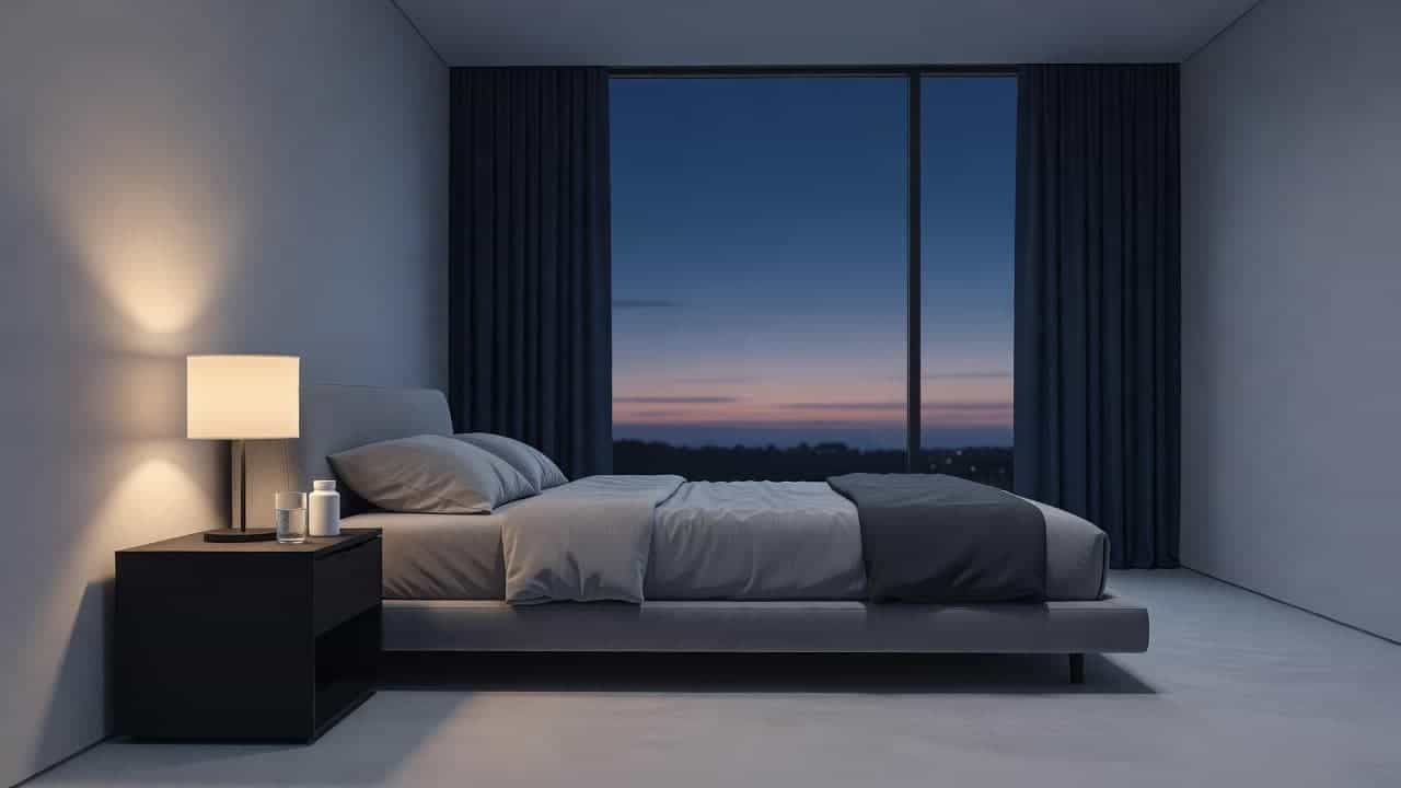A clean bedroom interior features a low platform bed with plush gray linens under soft, ambient sunset light. A wooden nightstand holds a small lamp, creating a serene, restful atmosphere.