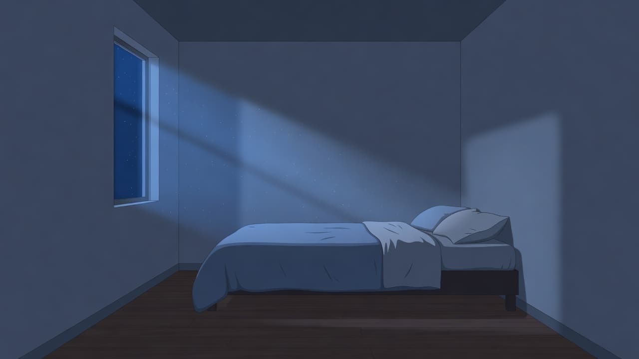 A minimalist bedroom interior features a single cozy bed with soft linens bathed in cool moonlight. The room maintains a tranquil aesthetic to help illustrate the relationship between histamine and sleep.