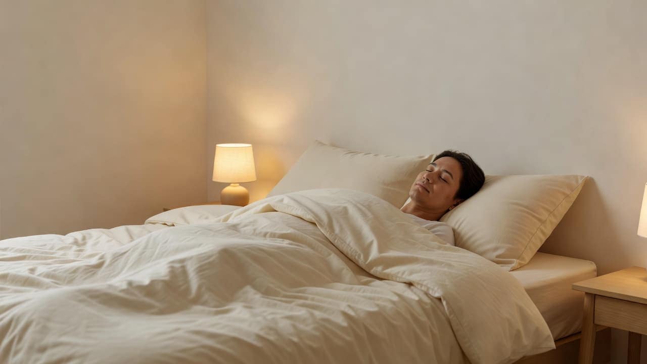 A person lies comfortably in bed with eyes closed under plush neutral bedding. Soft, warm light fills the room, highlighting the minimalist furniture and calming textures of this quiet sleeping space.