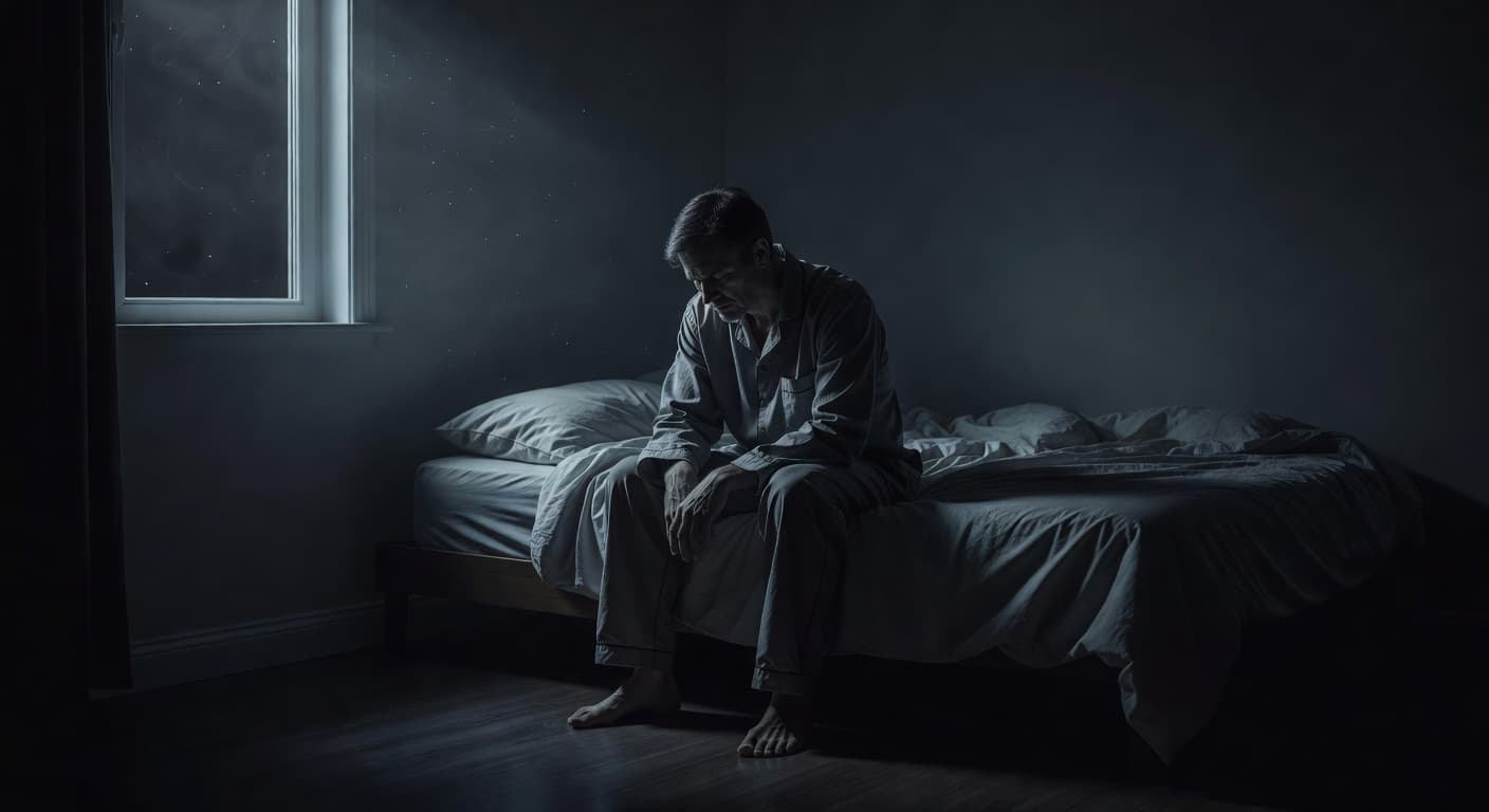 A solitary figure sits on the edge of a rumpled bed within a dim room. Soft moonlight filters through the window, casting gentle shadows across the quiet and tranquil sleeping space.