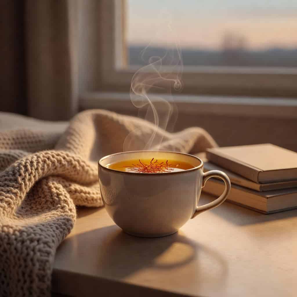 A single ceramic mug filled with steaming golden tea rests on a polished wooden surface. Bright red saffron threads float delicately in the liquid, illuminated by soft and soothing evening light.