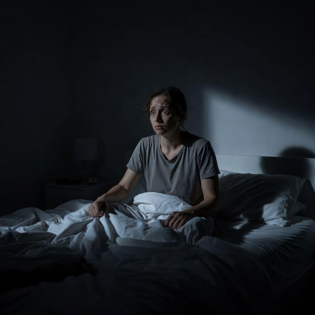A person sits upright in bed, eyes wide and alert, while soft moonlight filters through a window into the otherwise shadowy room. The serene, dark atmosphere highlights their quiet nighttime wakefulness.