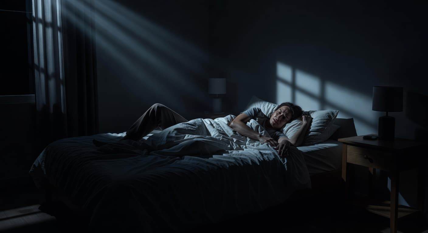 A restless individual lies in a dark bedroom with their head tossing on rumpled pillows. Soft blue moonlight filters through the blinds, casting long shadows across the disheveled bed linens.