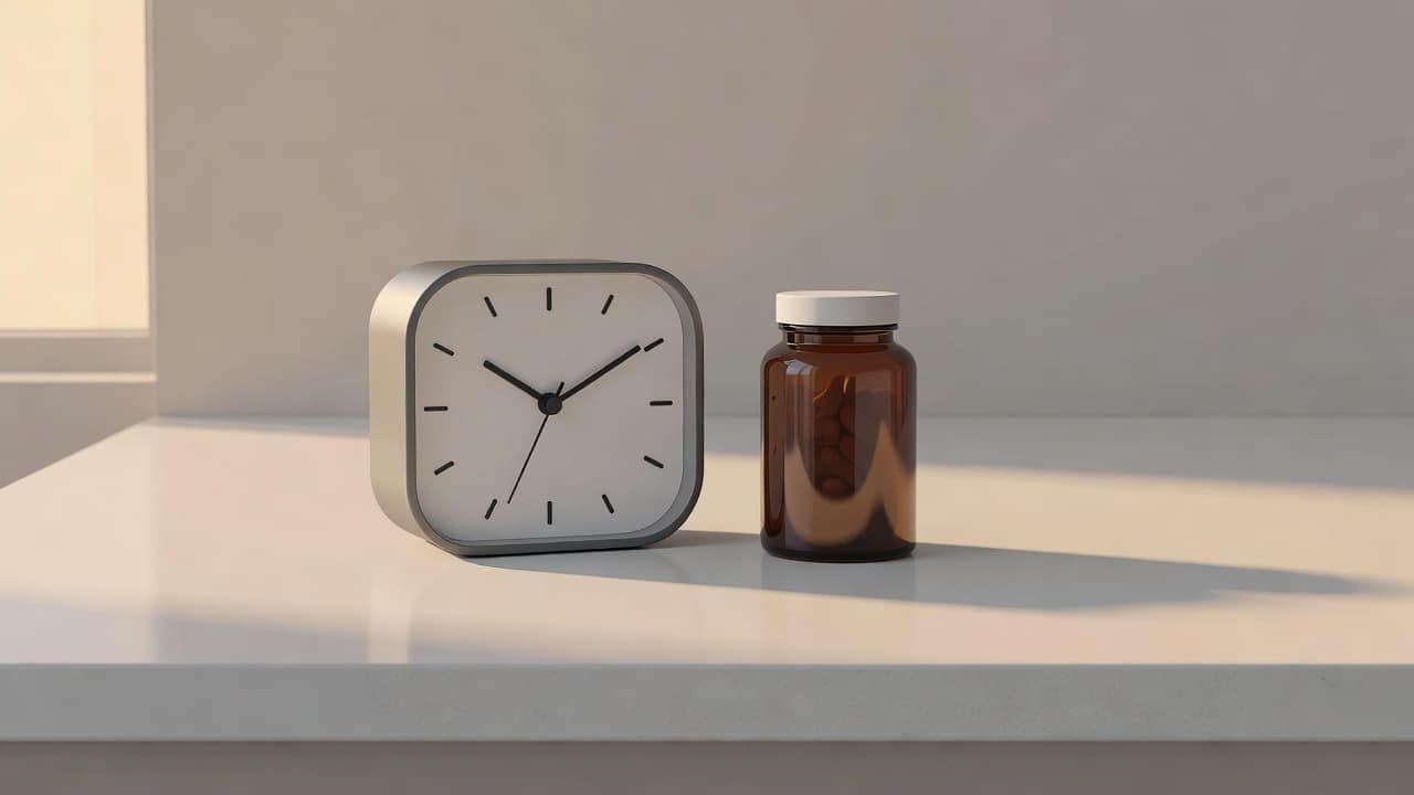 A sleek modern alarm clock sits next to a glass bottle of capsules on a minimalist white surface. Soft golden evening light washes over the objects to suggest nighttime routine.