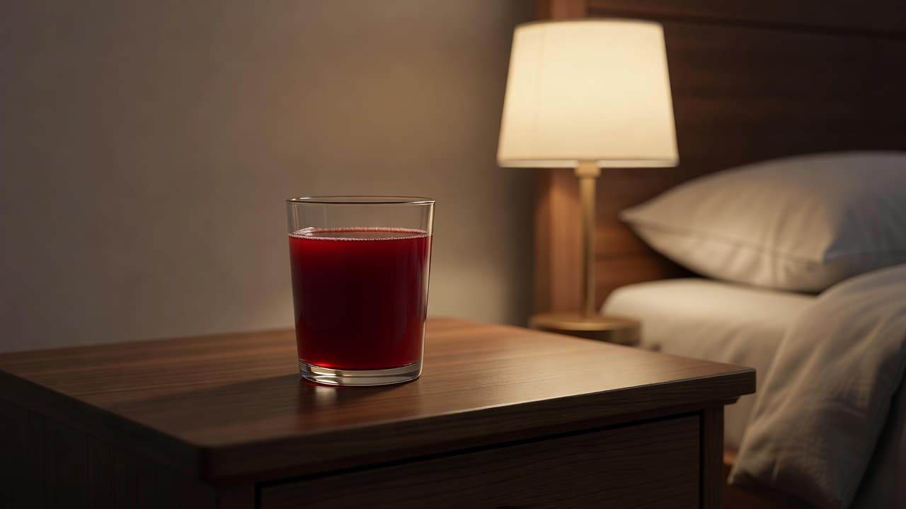 A clear glass filled with deep red tart cherry juice rests on a dark wooden nightstand. A soft lamp glow illuminates the liquid, creating a calming, serene bedroom atmosphere for sleep.