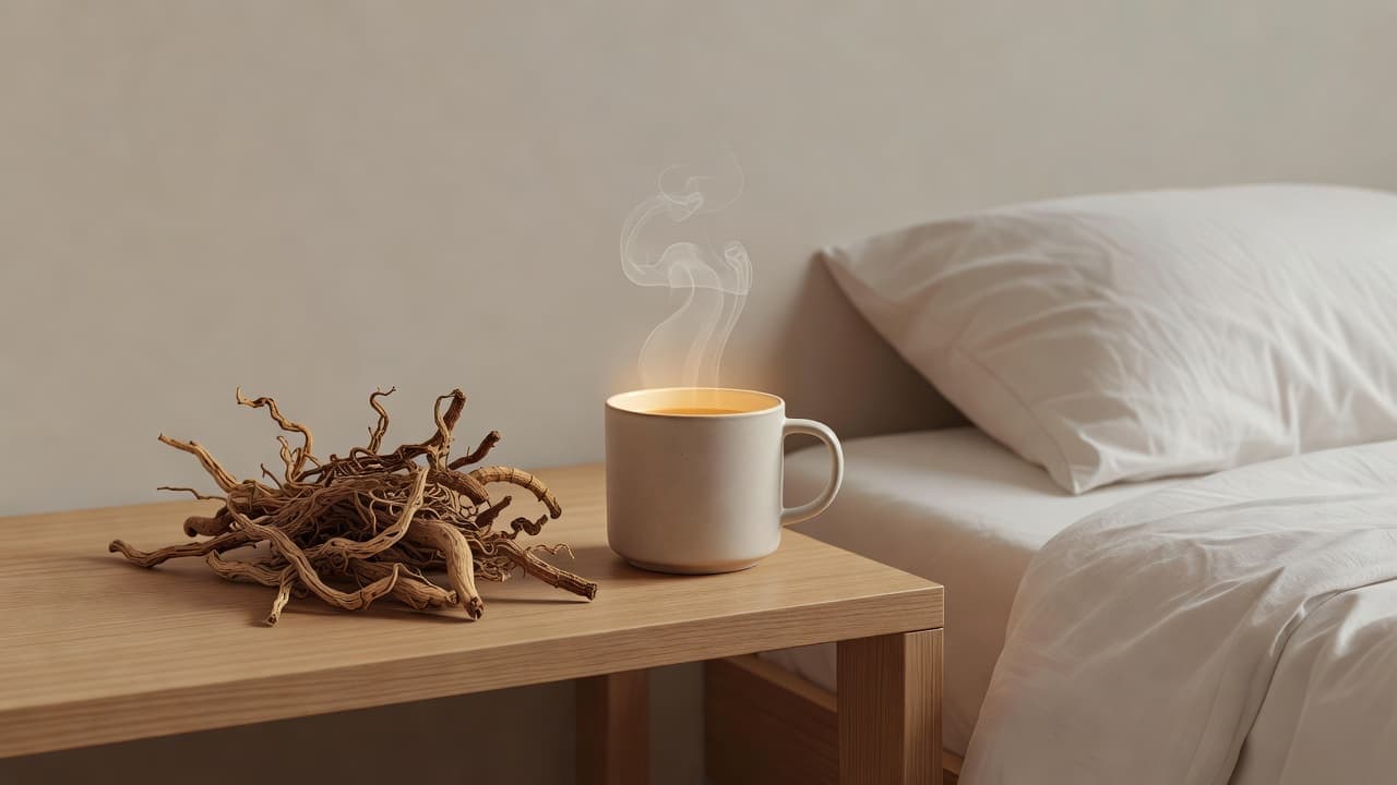 Dried valerian root segments rest on a small wooden nightstand next to a steaming mug of herbal tea. Soft, golden ambient lighting illuminates the bedside setting to evoke peaceful relaxation.