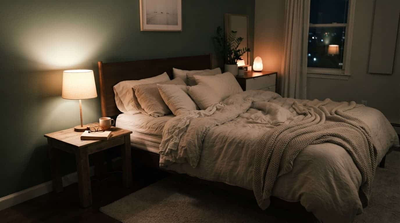 A rumpled bed in a dim bedroom lit by a warm bedside lamp.