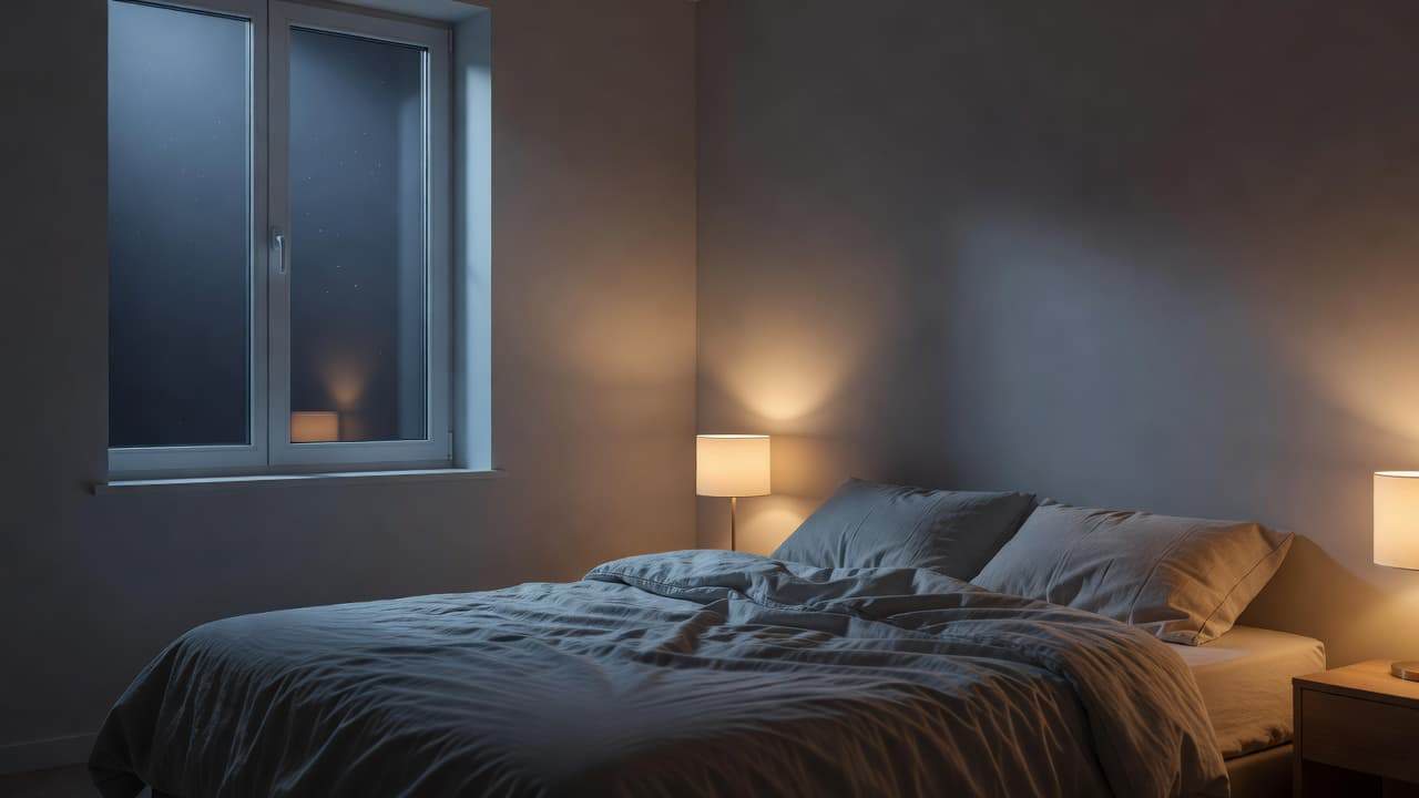 Soft moonlight filters through a window onto a rumpled bedsheets while a bedside lamp casts a warm amber glow. The dark, tranquil room emphasizes a peaceful atmosphere for restorative nightly rest.