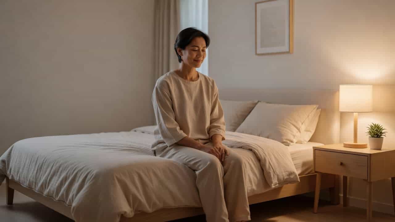 A calm individual sits on the edge of a minimalist bed during a quiet night. A single bedside lamp casts a soft, warm glow across the clean, uncluttered bedroom interior.
