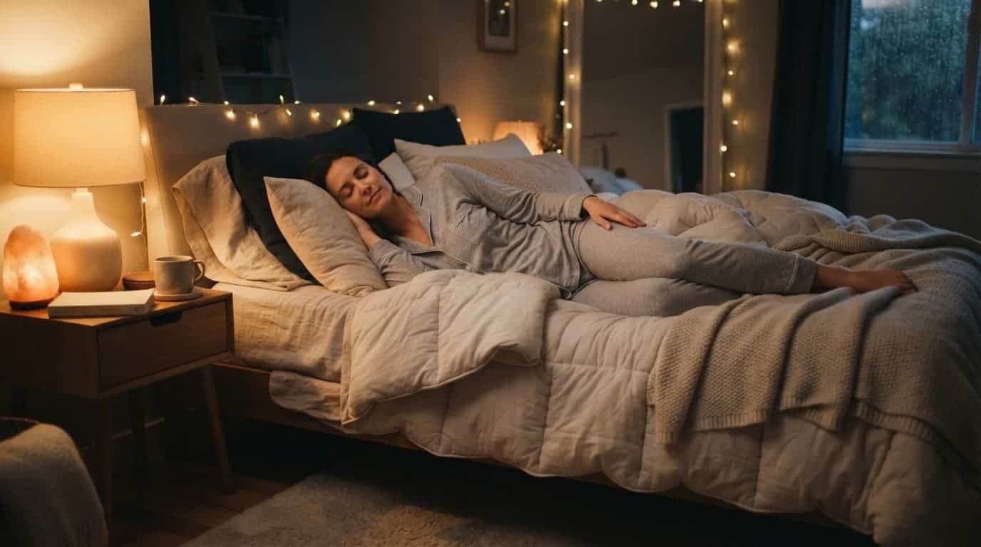 A person relaxing against pillows in a softly lit bed at night.