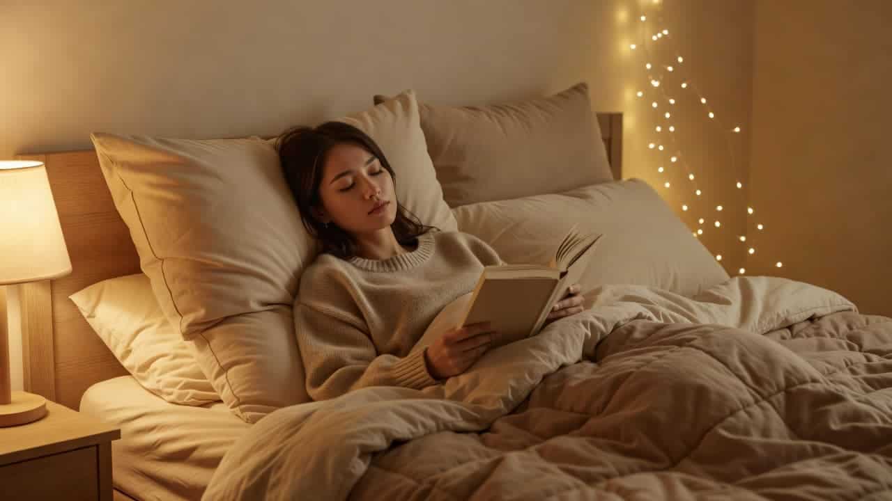 A person resting propped up against pillows in bed reading a book under warm lighting.