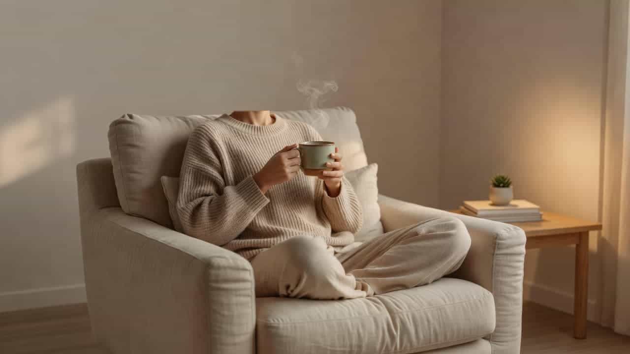 A person sits comfortably in a plush armchair, cradling a steaming ceramic mug of herbal tea. Warm ambient light fills the minimalist, soothing room, highlighting the peaceful transition toward bedtime rest.