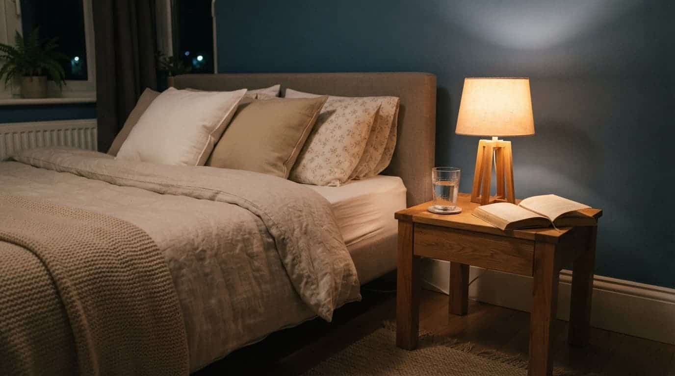 A glowing wooden lamp, book, and glass of water rest on a nightstand beside a bed.