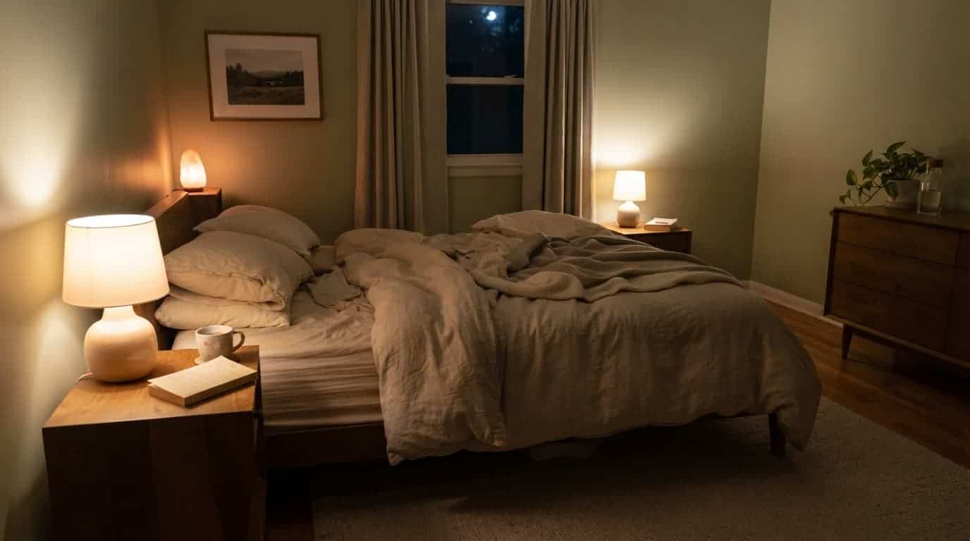 An unmade comfortable bed in a quiet bedroom illuminated by warm ambient night lighting.