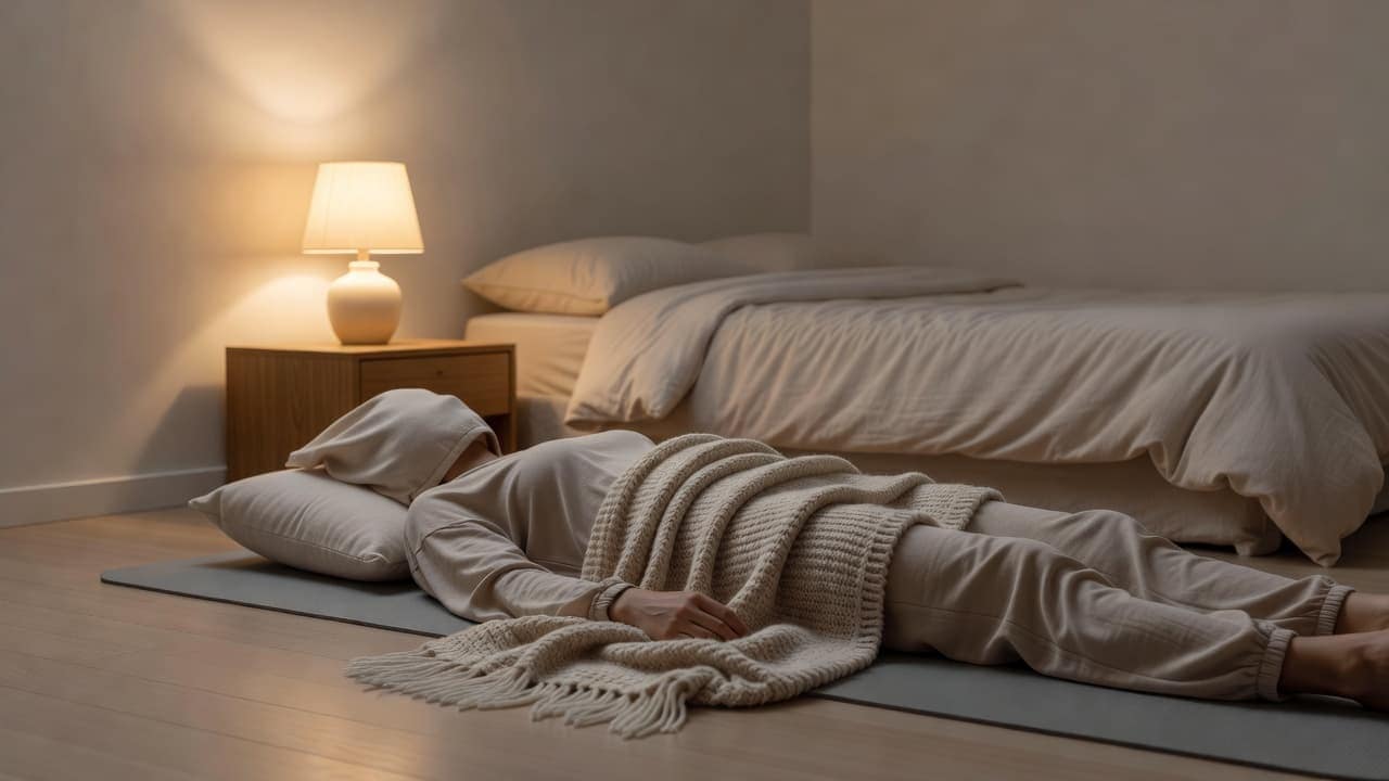 A person rests on a yoga mat atop a soft carpet, wrapped in a thick wool blanket. A nearby bedside lamp glows with warm light, creating a serene and quiet bedroom sanctuary.