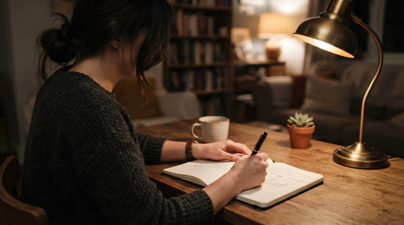 Someone writing notes in a notebook at a desk lit by a warm lamp at night.