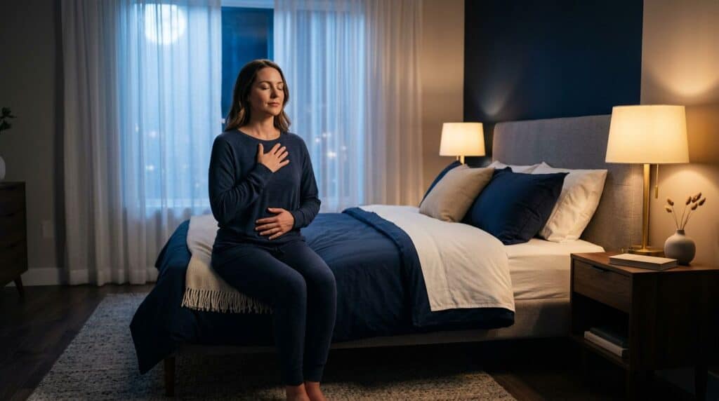 A calm woman practicing breathing exercises on her bed in a softly lit bedroom at night.
