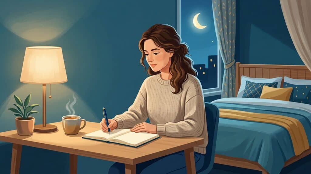 A woman writing in a notebook at a bedroom desk with a lamp and tea.