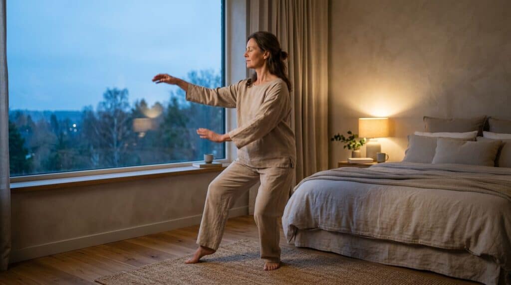 Woman practicing tai chi beside a bedroom window at dusk.