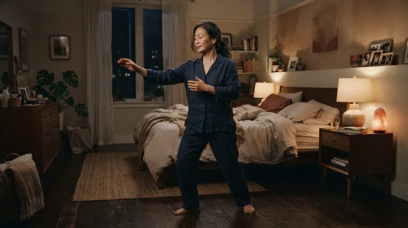 A person practices tai chi beside a bed in a warmly lit bedroom at night.