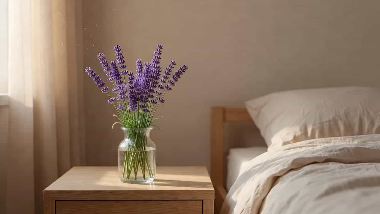 Fresh lavender in a glass vase on a wooden nightstand in morning light.